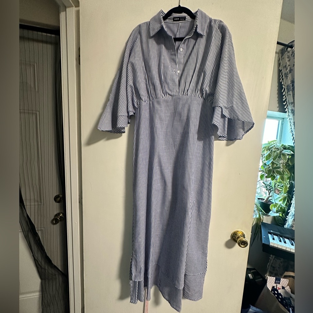 SHEIN Blue and white A-Line Bell Sleeve Polo Collar Dress